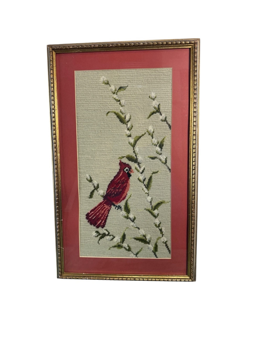 Vintage Red Cardinal Bird Framed Needlepoint Artwork 25" x 15"